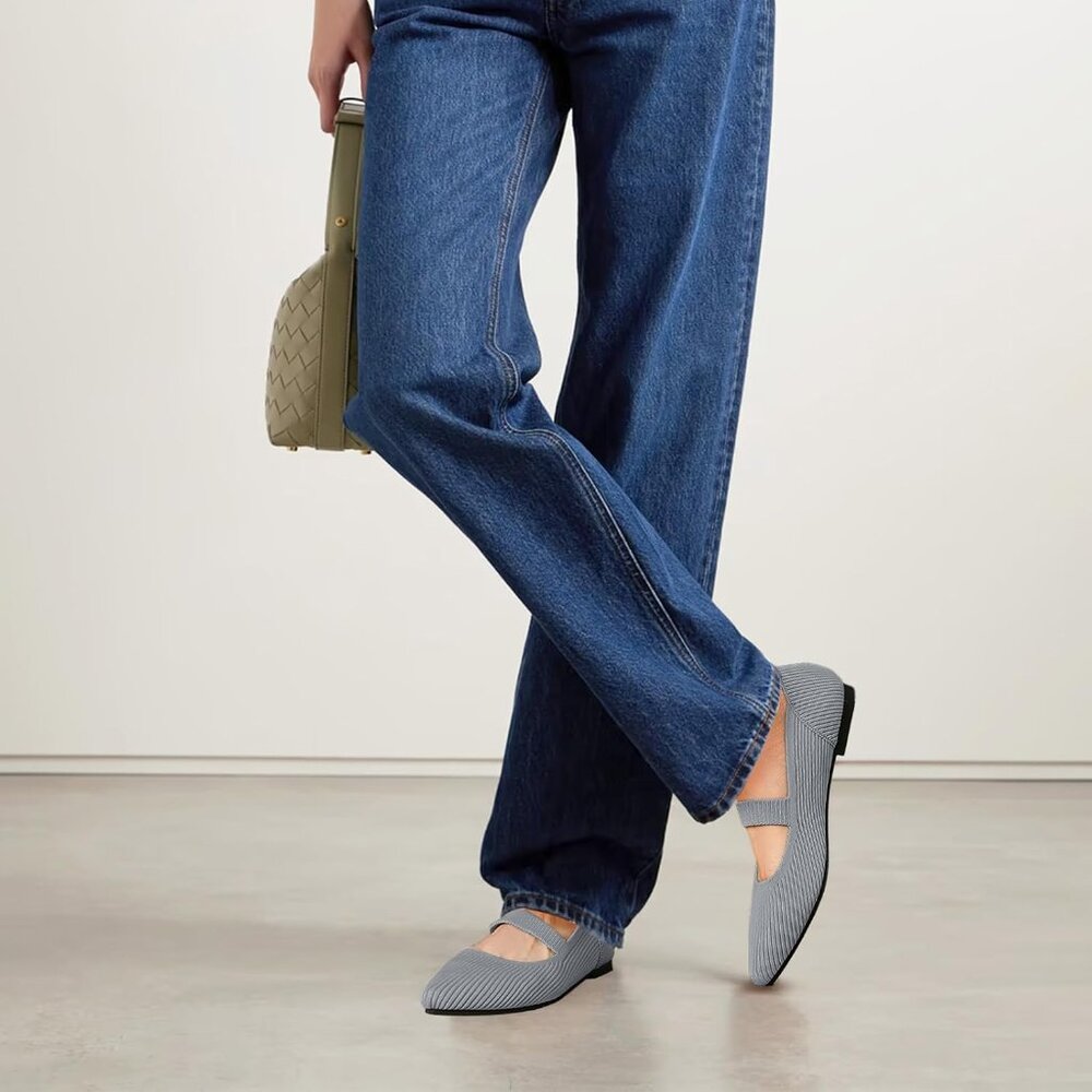 Women's Grey Flats Shoes Pointed Toe Knit Washable Ballet Comfortable Flat - Picture 3 of 6